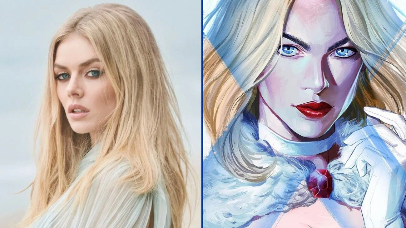 Comparación entre Samara Weaving y el diseño de Emma Frost en los cómics de X-Men