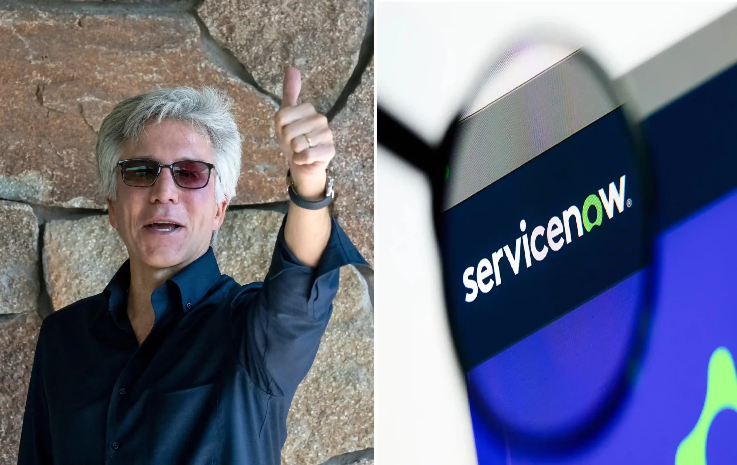 Bill McDermott, CEO de ServiceNow, junto al logo de la empresa