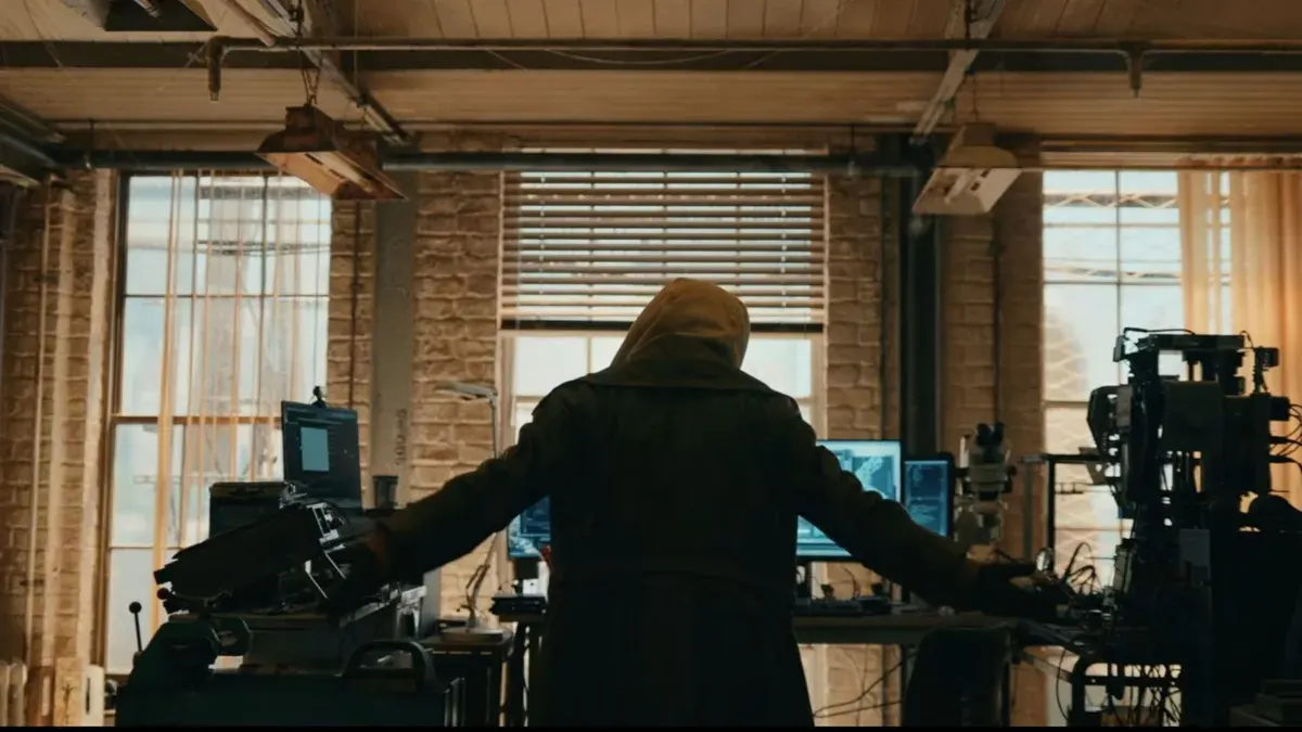Una figura encapuchada en un taller, en una escena de Spider-Man: Brand New Day