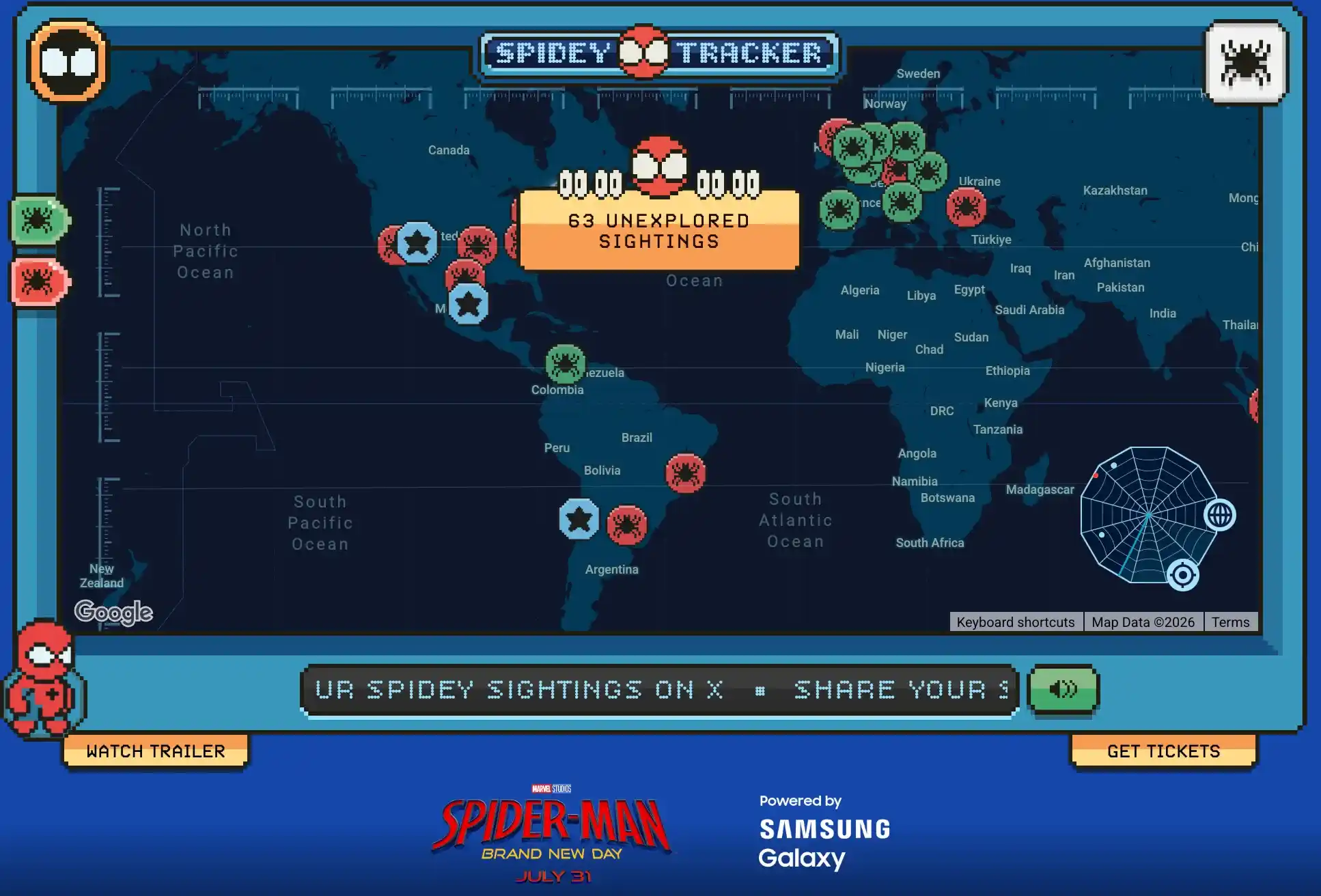 Mapa del mundo del Spidey Tracker con los avistamientos de Spider-Man, hecho con Google Maps y Samsung para Spider-Man: Brand New Day