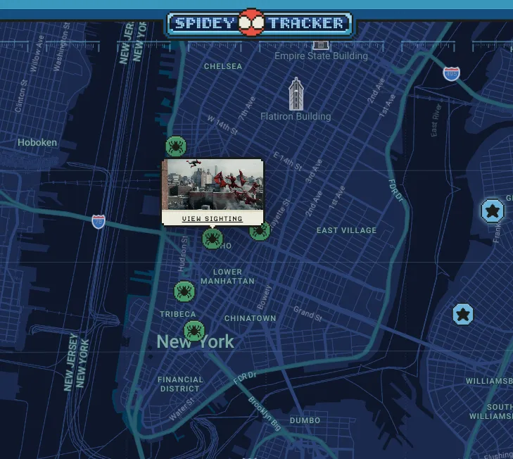 Mapa del Spidey Tracker centrado en Nueva York, con los avistamientos de Spider-Man y una escena para descubrir en Street View