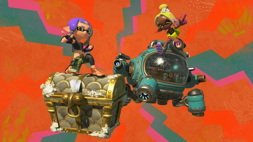 Splatoon Raiders: arte promocional con un cofre del tesoro y el mecha del Clan Surimi