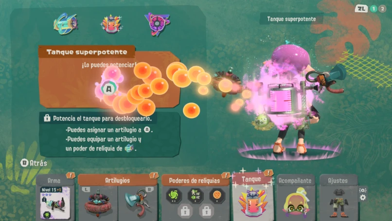 Splatoon Raiders: menú de potenciación del tanque superpotente con artilugios y reliquias