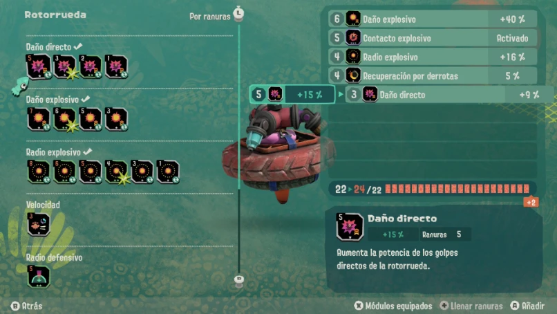 Splatoon Raiders: menú de módulos y mejoras del artilugio Rotorrueda