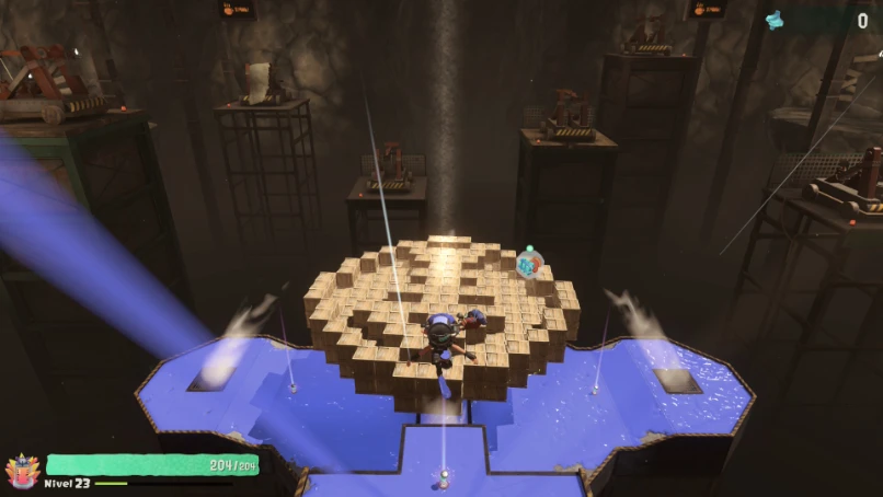 Splatoon Raiders: plataformeo sobre cajas y tinta azul en una caverna
