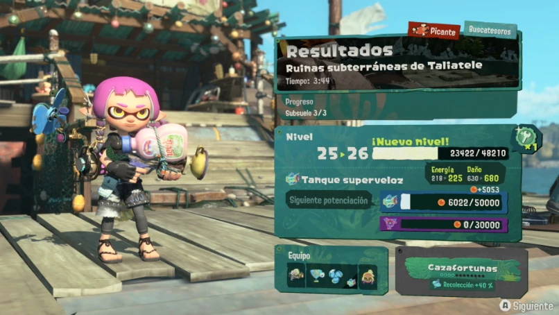 Splatoon Raiders: pantalla de resultados de una misión con subida de nivel del tanque superveloz