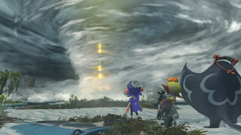 Splatoon Raiders: el grupo observa un enorme tornado en una de las Islas Espiralitas