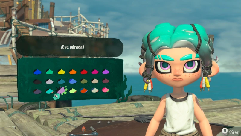 Splatoon Raiders: pantalla de personalización del Mecanista con la paleta de colores de tinta