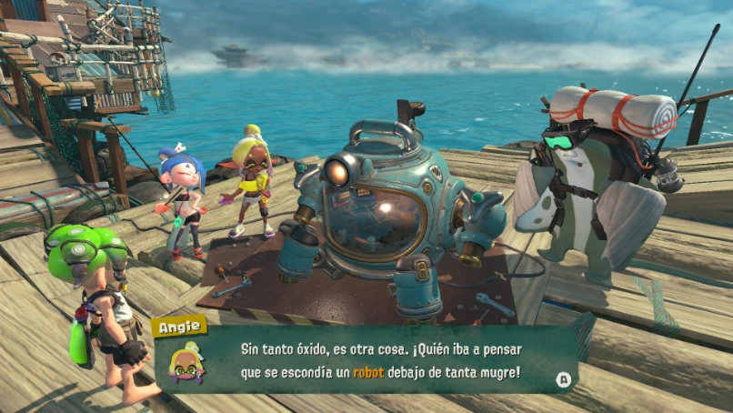 Splatoon Raiders: el Clan Surimi repara el pequeño robot en la base flotante
