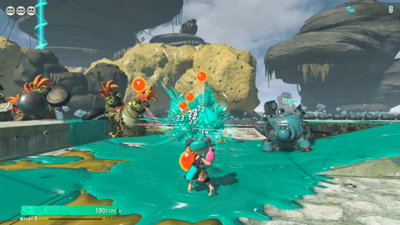 Splatoon Raiders: combate con tinta turquesa junto al mecha de apoyo