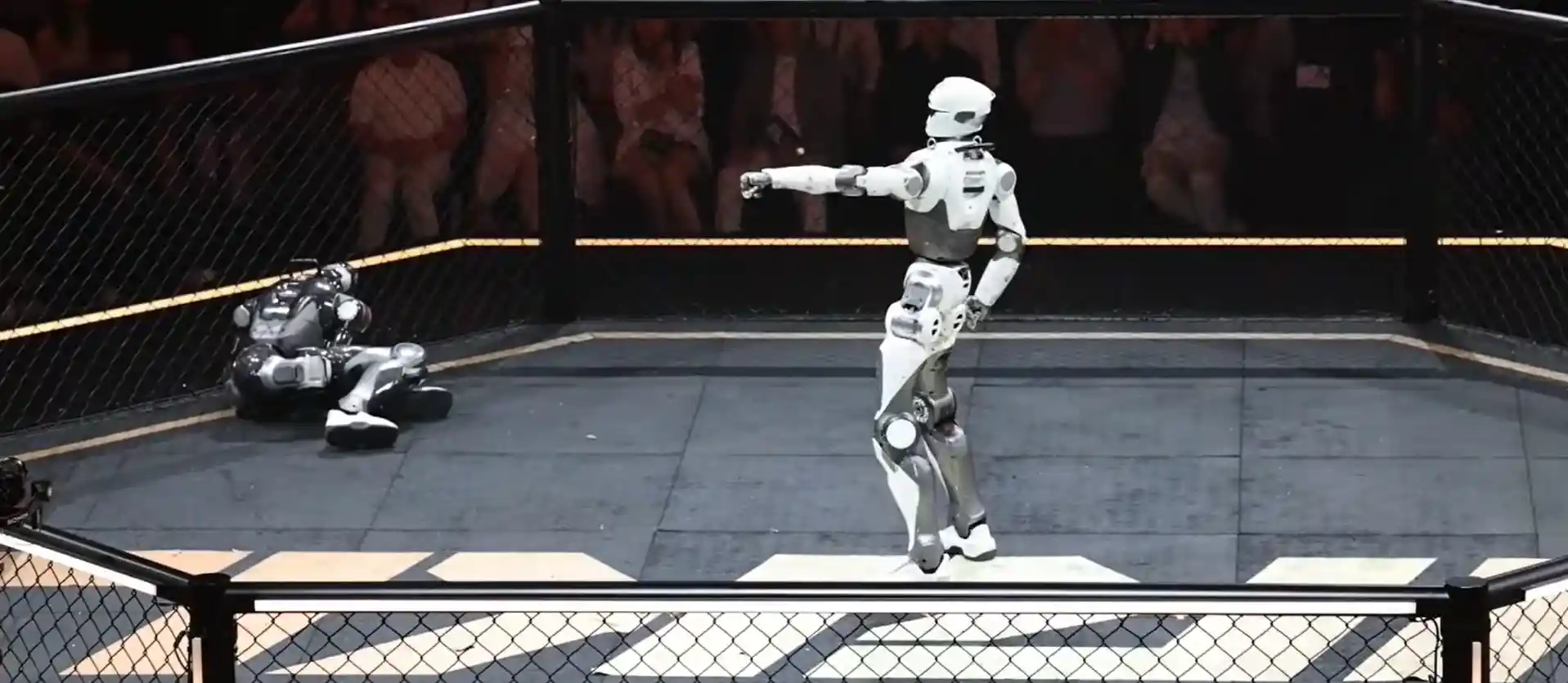 Un robot humanoide queda tendido en el ring tras perder el combate en la liga URKL