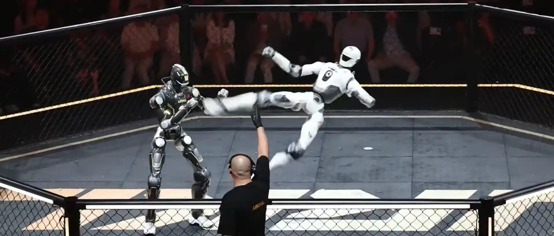 Robot humanoide conecta una patada en el primer combate de la liga URKL en China