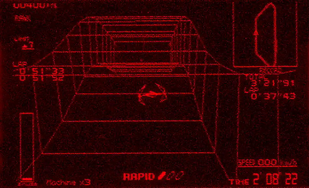 Zero Racers, la secuela cancelada de F-Zero para Virtual Boy: la nave recorre un circuito de ductos cuadrados con el HUD de vueltas y tiempo
