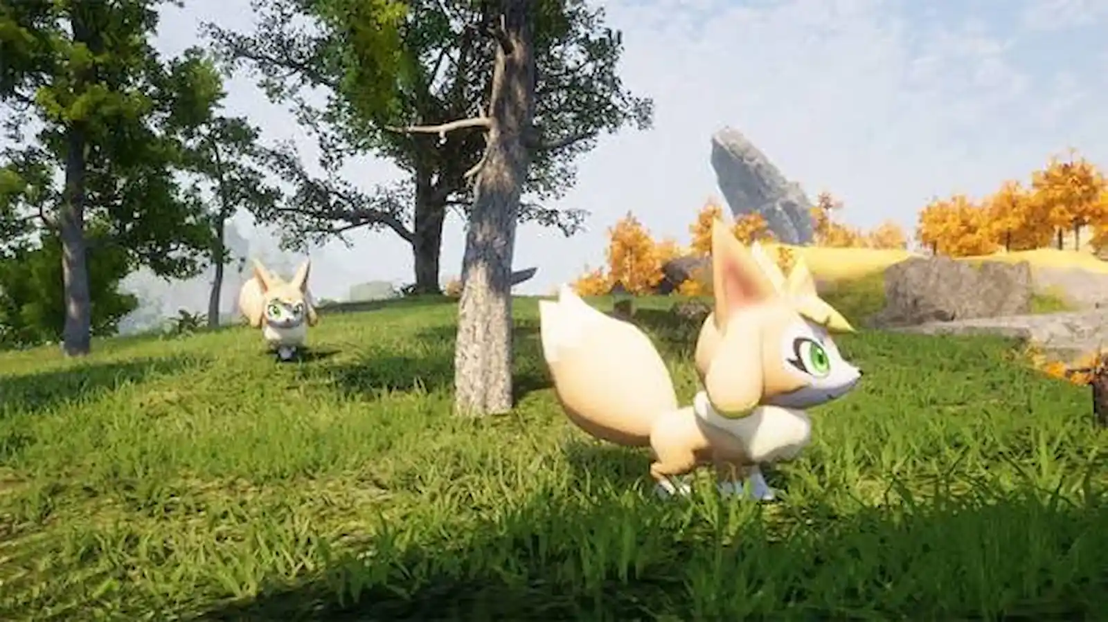 Vixy, el Pal zorro blanco de orejas grandes, en una pradera con árboles otoñales en Palworld