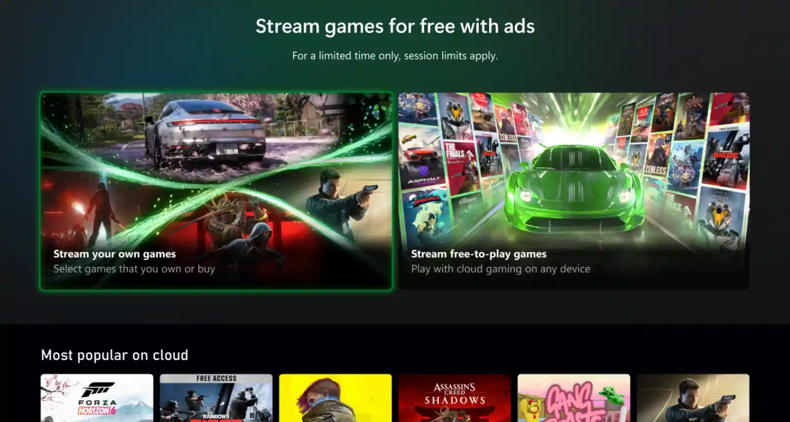 Pantalla de Xbox con la opción de transmitir juegos gratis con anuncios y el aviso de que hay límites de sesión por tiempo limitado