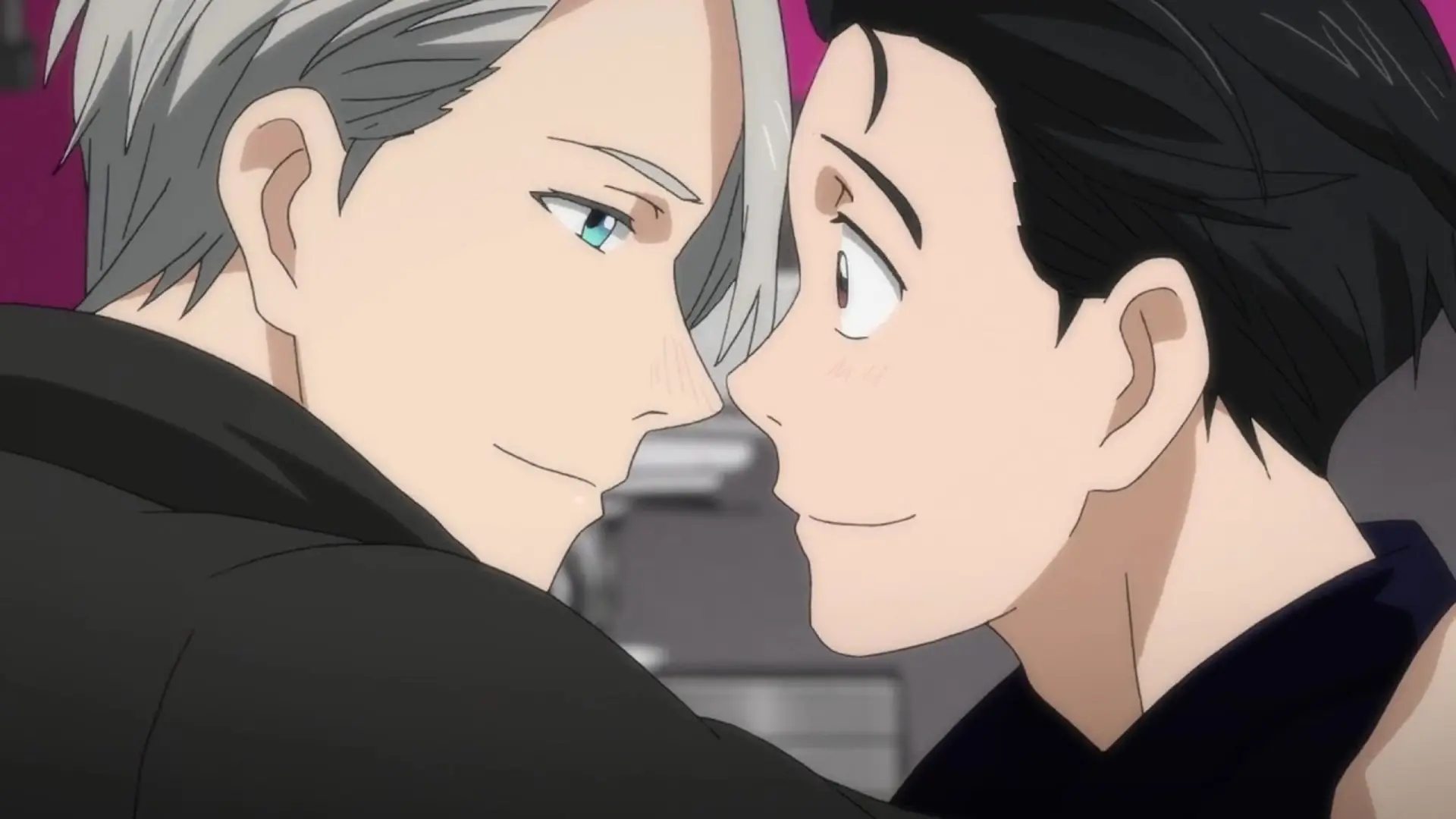 Viktor y Yuri a punto de besarse en la icónica escena de Yuri!!! on Ice