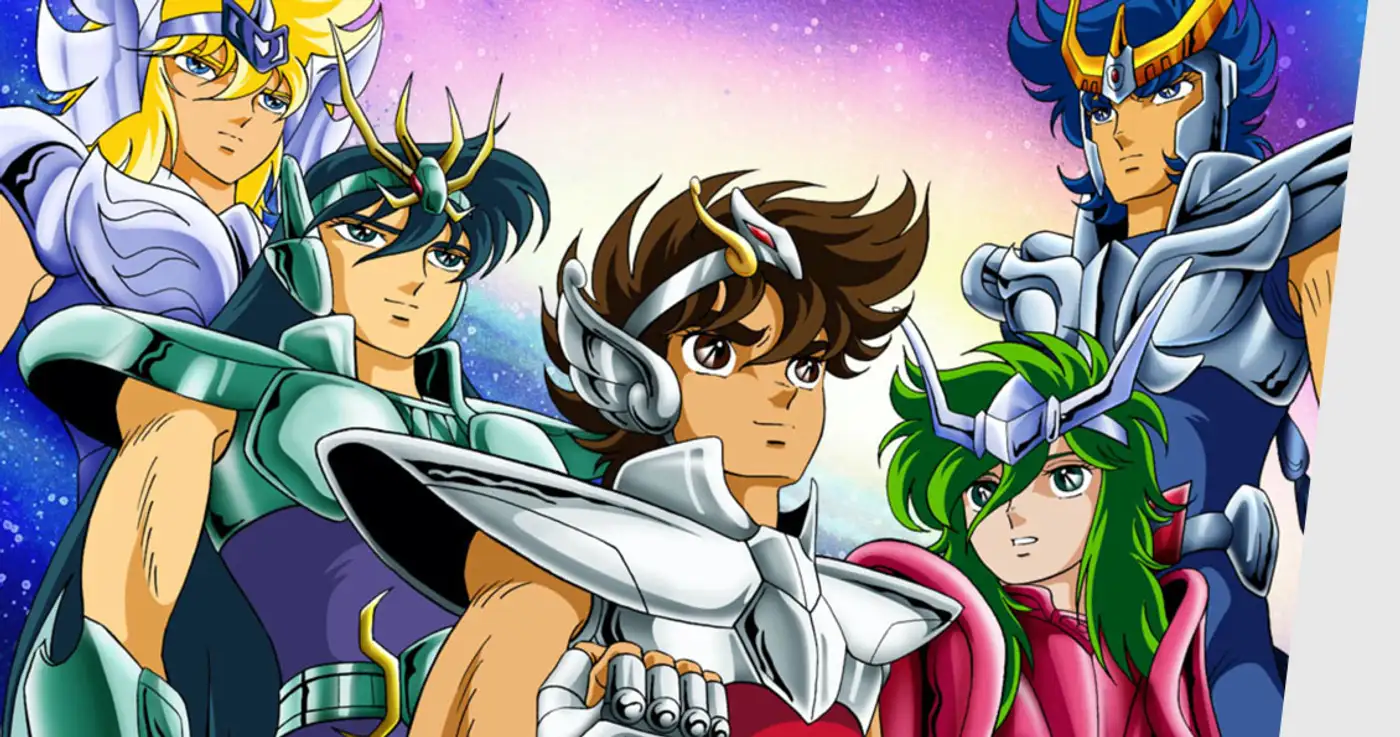 Los cinco Caballeros de Bronce de Saint Seiya (Seiya, Shiryu, Hyoga, Shun e Ikki), ilustración oficial de Toei Animation usada para comparar su altura