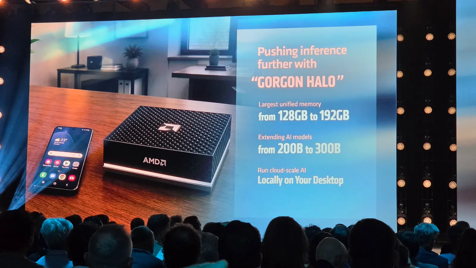 Slide de AMD Gorgon Halo: memoria unificada de 128GB a 192GB y modelos de IA de 200B a 300B parámetros