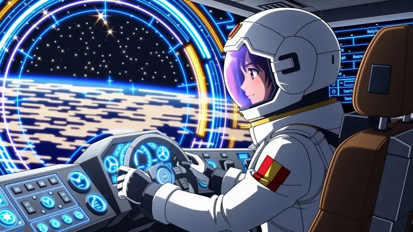 Escena de anime generada con AnimeGen: una piloto con traje espacial a los mandos de una nave frente a un planeta