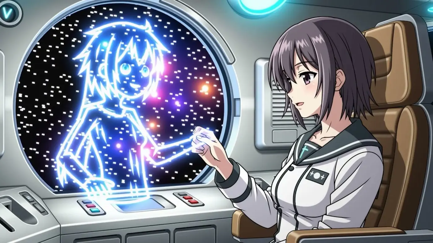 Escena de anime generada con AnimeGen: una chica toca una figura holográfica azul dentro de una nave espacial
