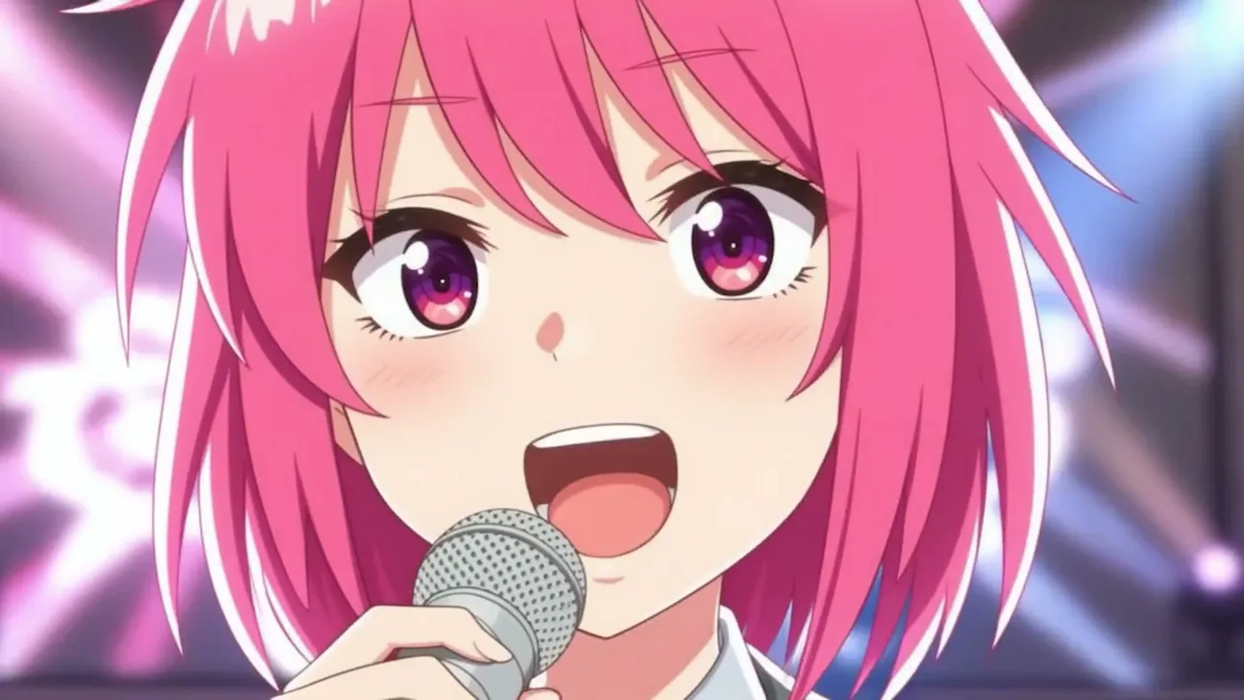 Fotograma generado con AnimeGen, la IA japonesa para hacer anime: una cantante de pelo rosa frente al micrófono