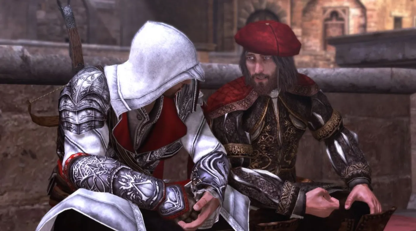 Ezio Auditore conversa con Niccolò Machiavelli en Assassin's Creed Brotherhood