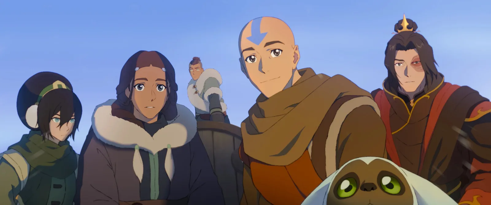 Aang, Katara, Sokka, Toph y Zuko en una escena de Avatar Aang, la película animada que se estrena en Paramount+