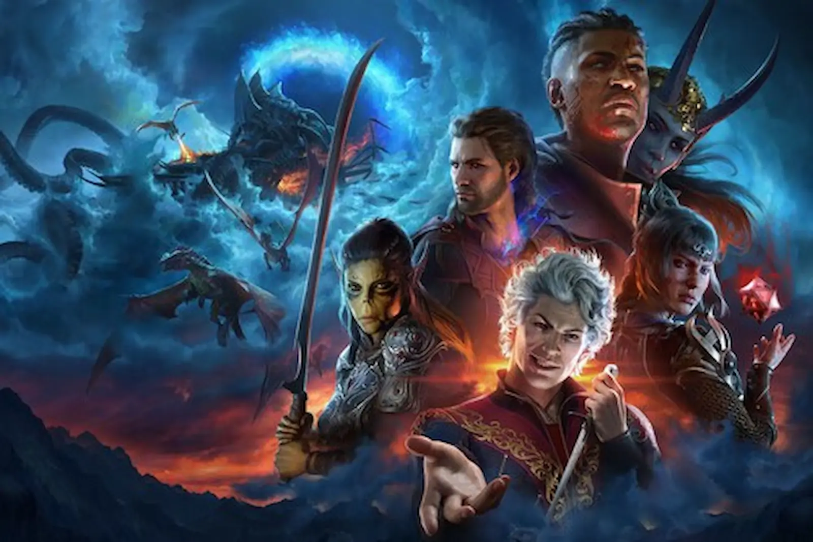 Arte oficial de Baldur's Gate 3 con los personajes jugables del grupo