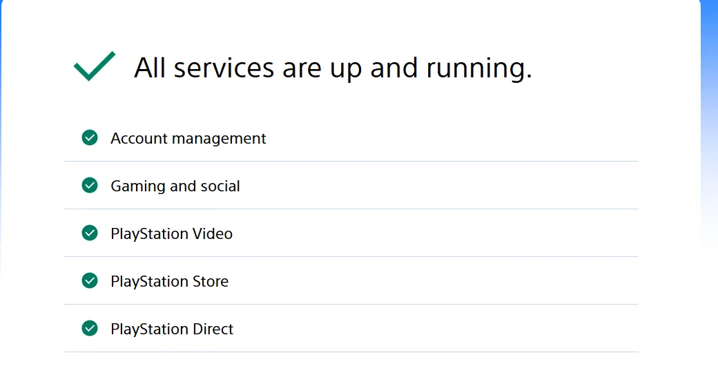 Captura de la página de estado de PlayStation con todos los servicios funcionando de nuevo tras la caída de PSN