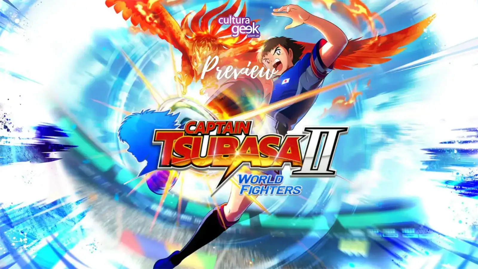 Arte promocional de Captain Tsubasa 2: World Fighters con Tsubasa Oozora rematando al arco