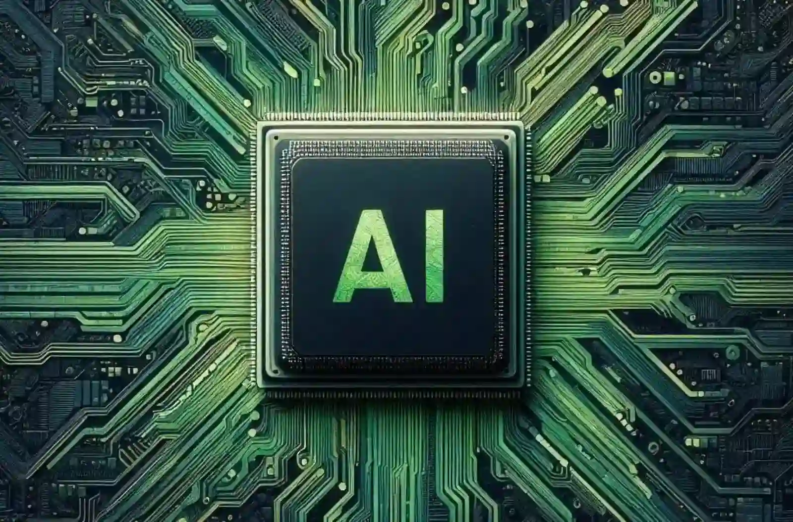 Chip con las siglas AI iluminadas en el centro de una placa de circuito impreso verde