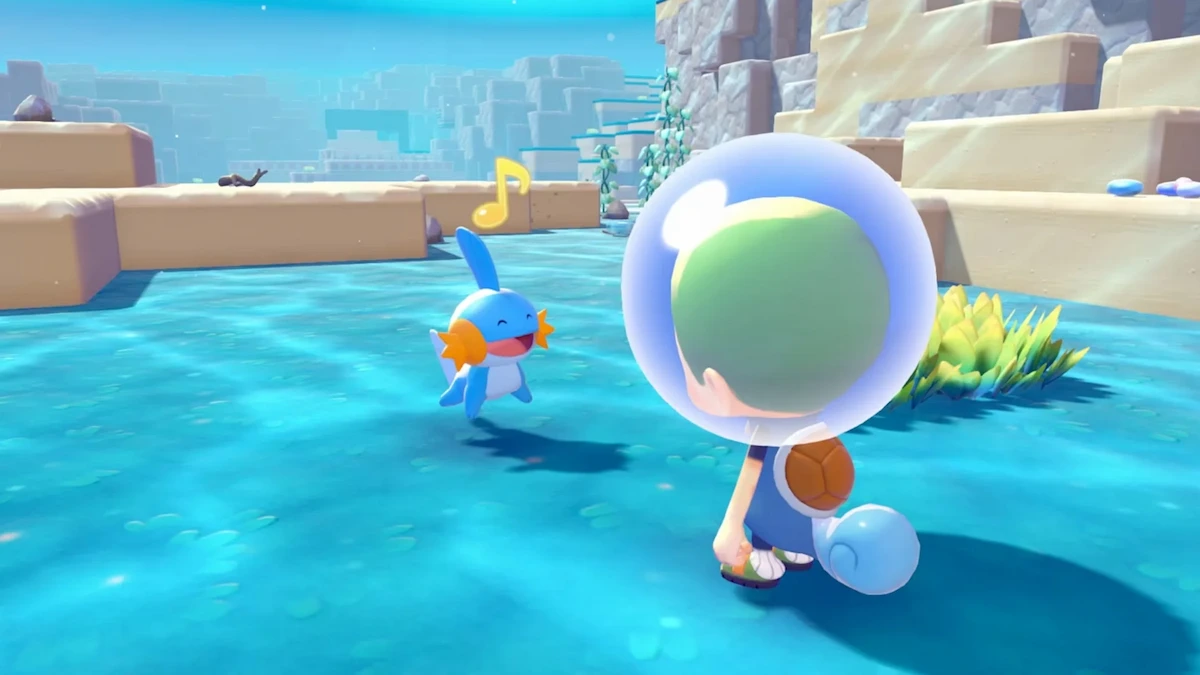 Personaje de Pokémon Pokopia explorando el agua junto a un Pokémon en el DLC Cuenca Coralina