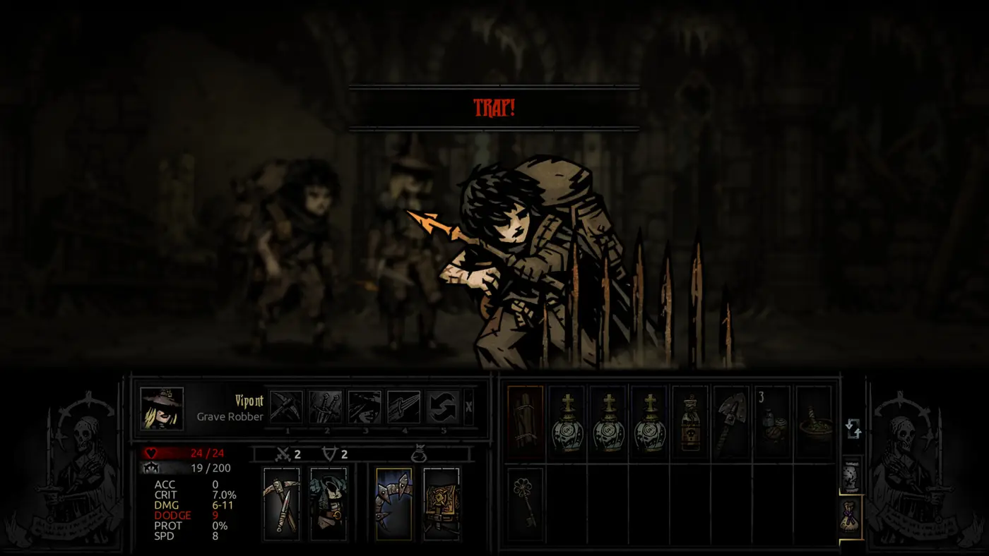 Una heroína de Darkest Dungeon frente a una trampa en la mazmorra, el RPG de Red Hook Studios