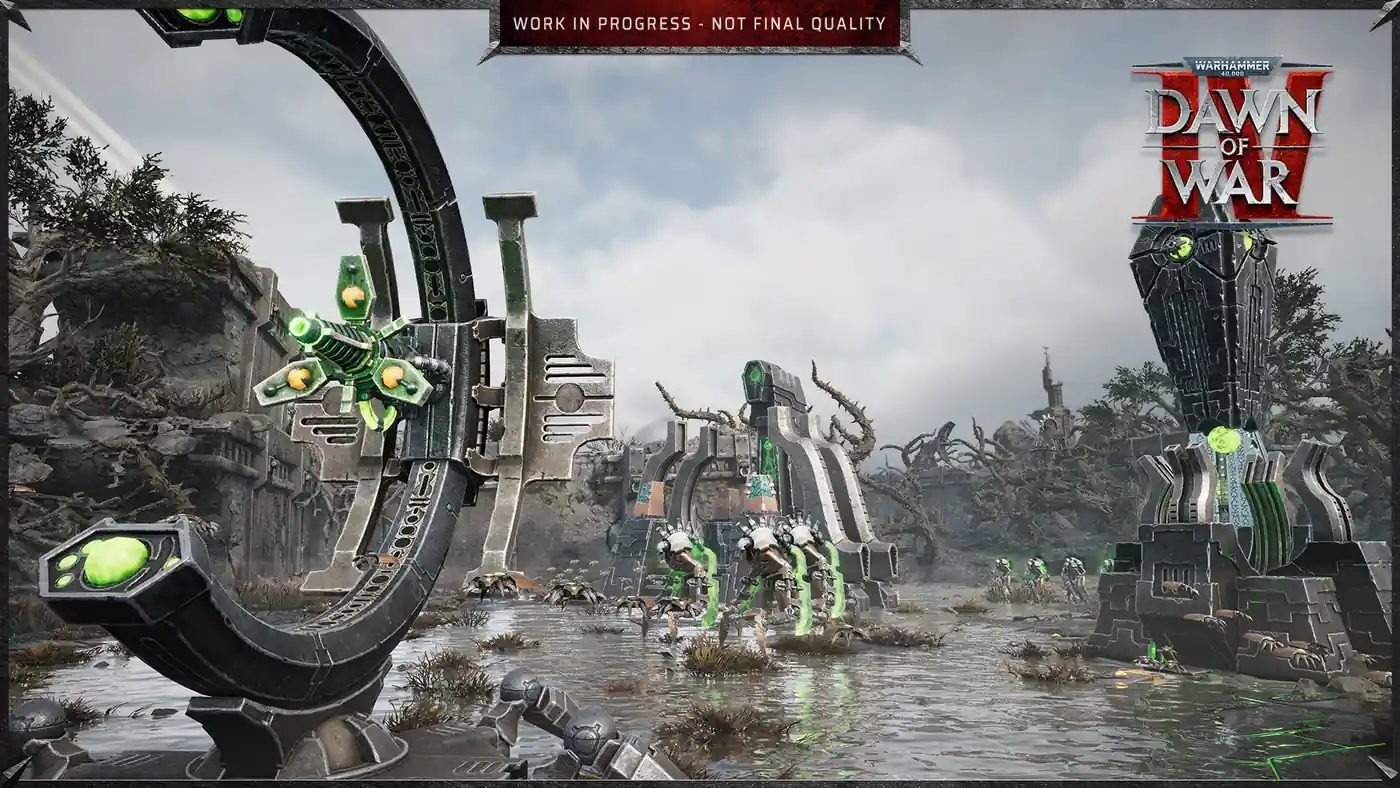 Estructuras necronas activadas sobre el terreno de Kronus en Dawn of War IV