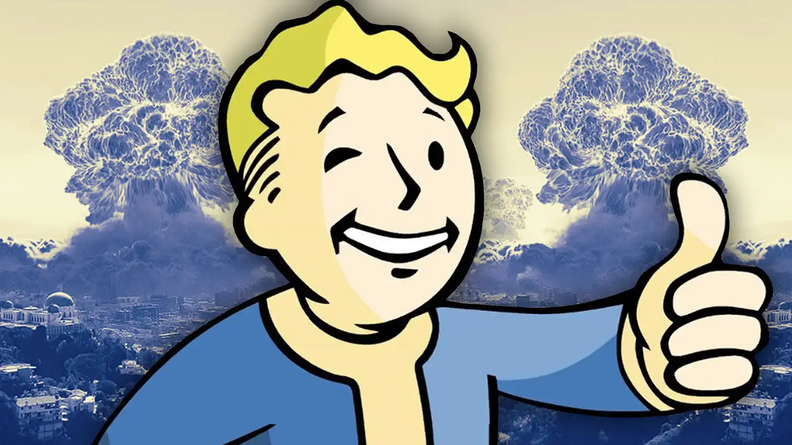 Vault Boy de Fallout con explosiones nucleares de fondo, tras el anuncio de Bethesda sobre Fallout 5 y los remasters
