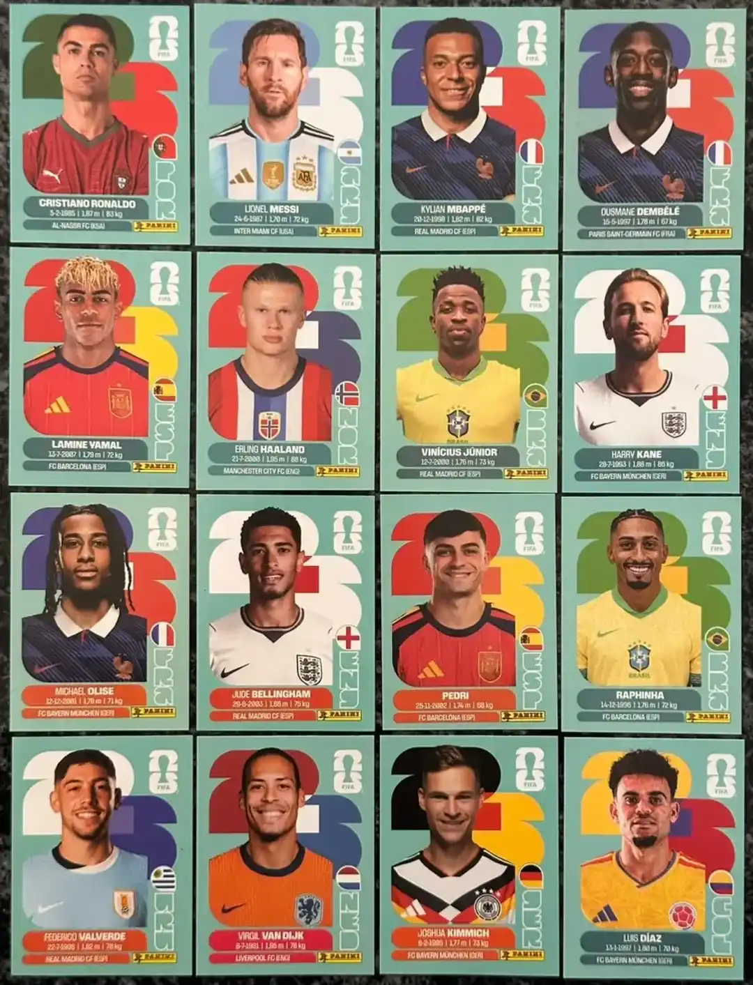 Figuritas de las estrellas Messi, Cristiano, Mbappé y Yamal en el álbum Panini del Mundial 2026