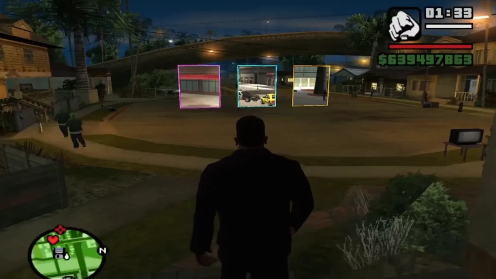 Captura del mod de GTA con tres portales que conectan GTA 3, San Andreas y Vice City