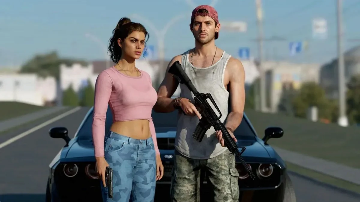 Jason y Lucia, los protagonistas de GTA 6, en el arte oficial del juego de Rockstar