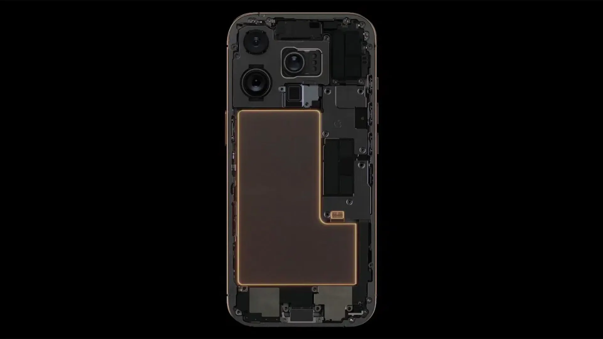 Vista del interior de un iPhone con la batería en primer plano y los componentes internos a la vista