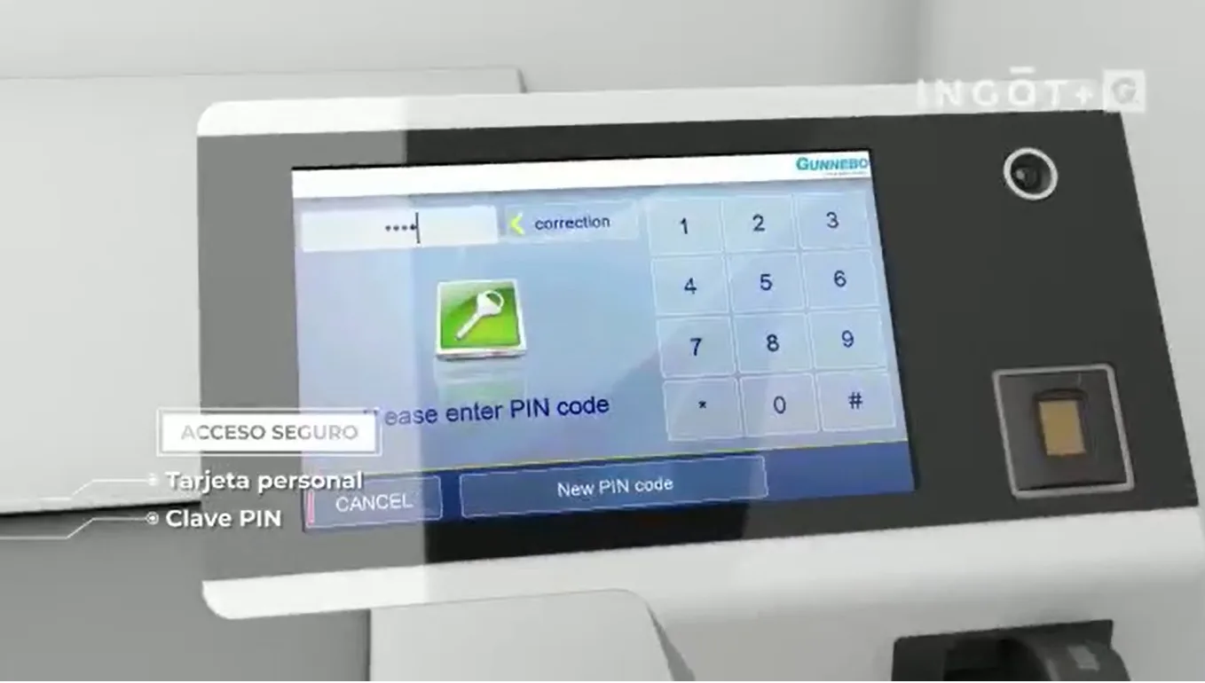 Terminal de acceso automatizado de INGOT con teclado numérico en pantalla y lector biométrico