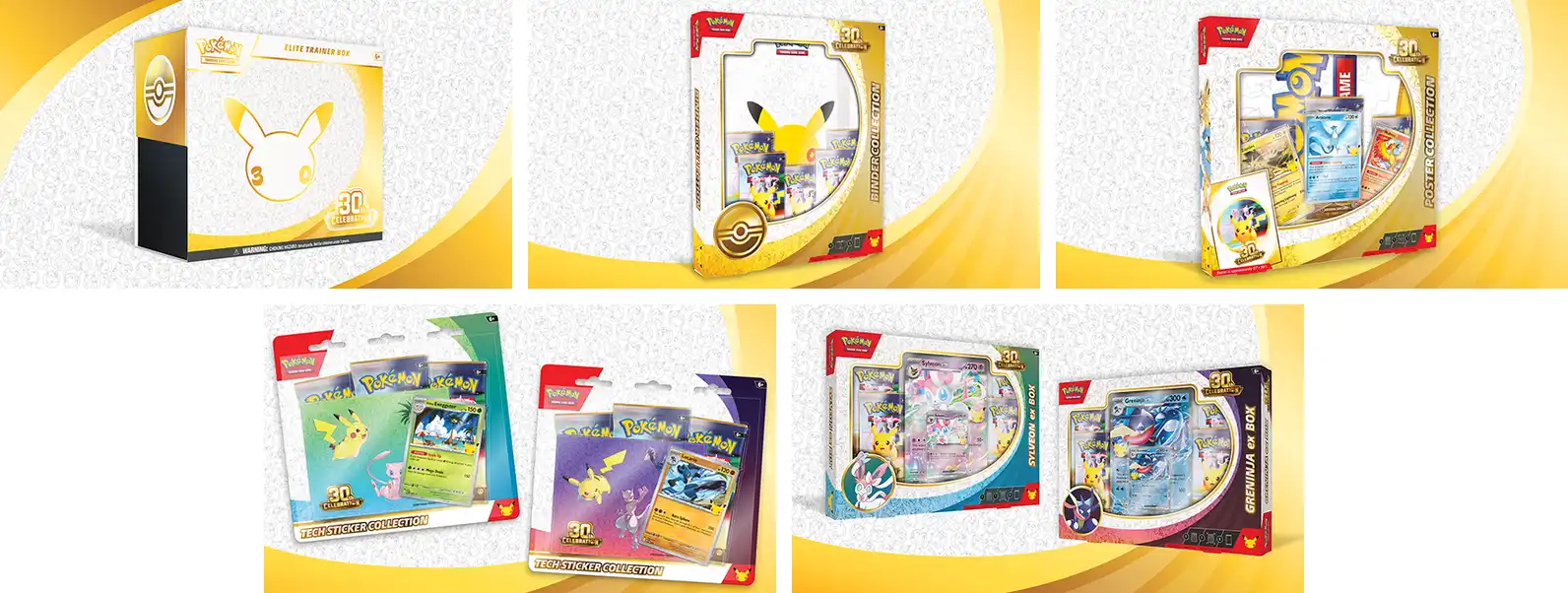Las 5 cajas de la expansión Celebración 30 Aniversario del JCC Pokémon: Caja de Entrenador Élite, Carpeta para Colecciones, Colección con Póster, Colección con Calcomanías y Caja Pokémon ex