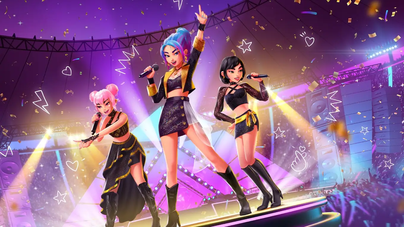 Tres idols del K-pop cantando en un estadio, arte oficial de K-Pop Rising: Dream to Shine