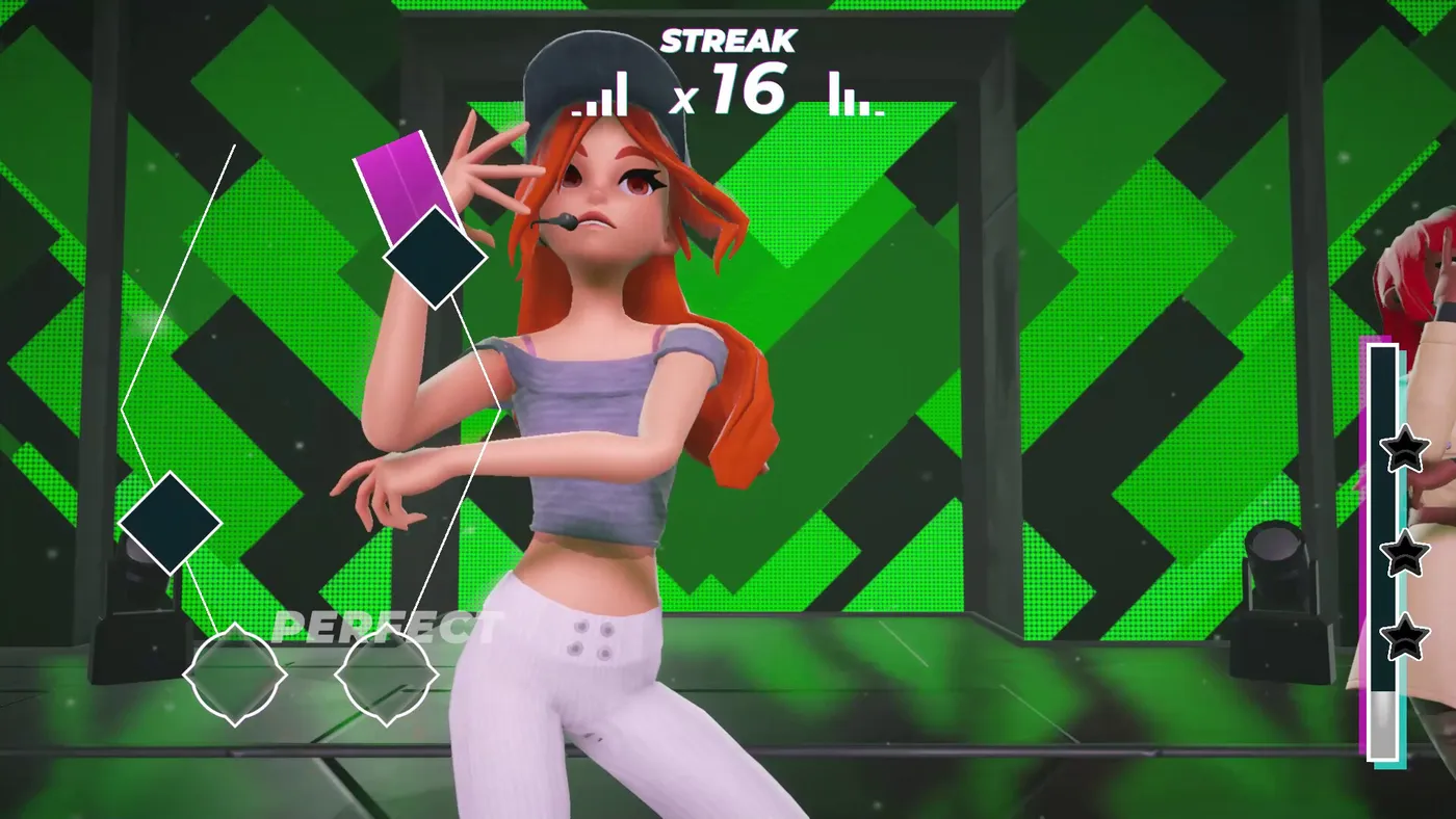Fase de ritmo en K-Pop Rising: Dream to Shine, con una idol bailando en el escenario y notas musicales en pantalla