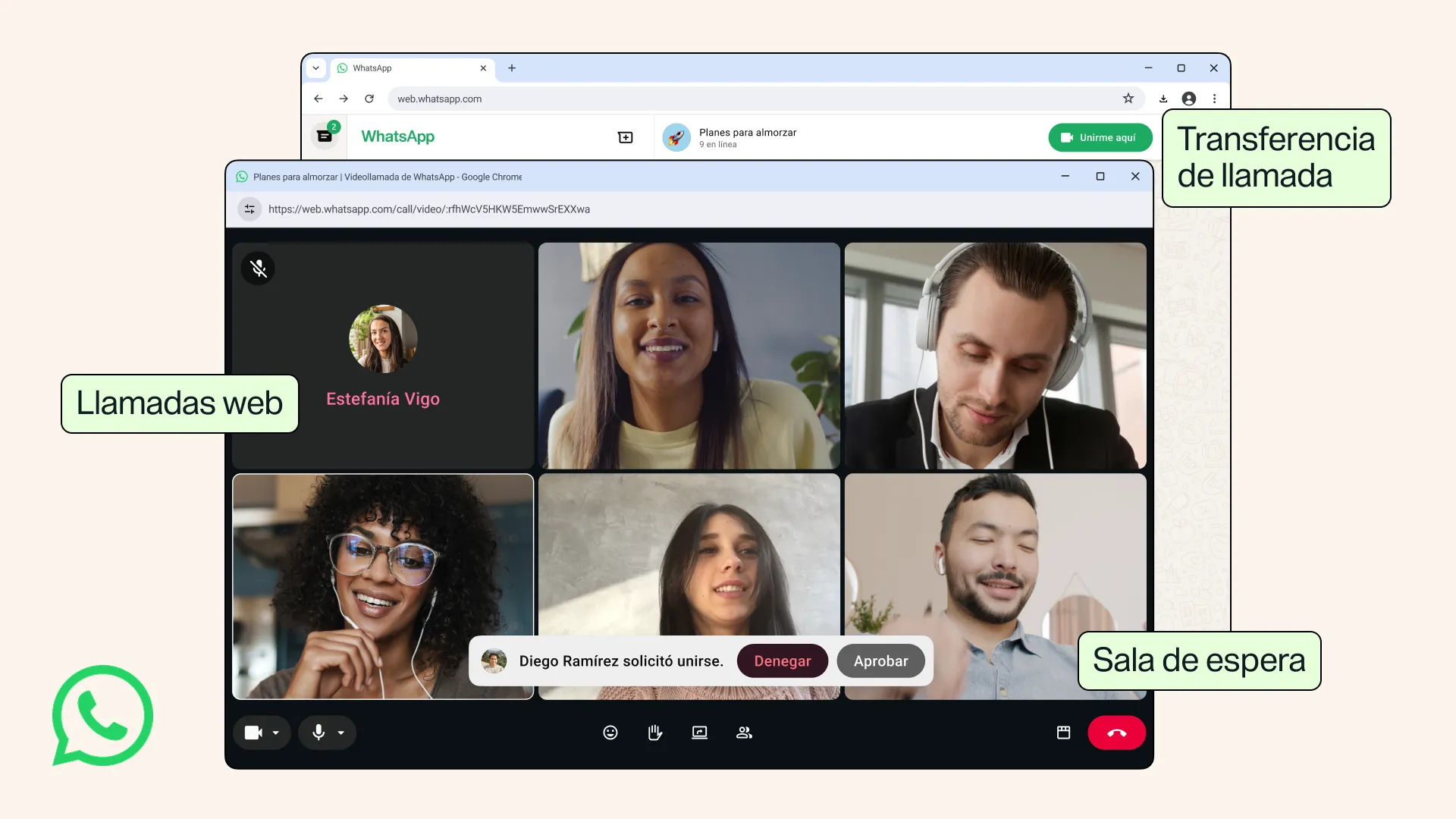 Ilustración de WhatsApp Web con las nuevas funciones de llamadas: transferencia y sala de espera