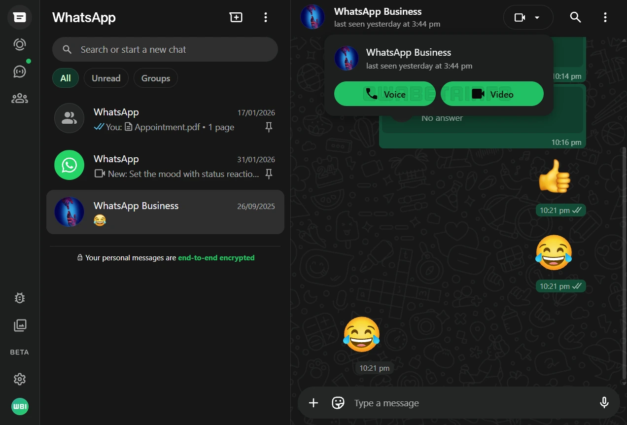 Botones de llamada de voz y video en la interfaz de WhatsApp Web