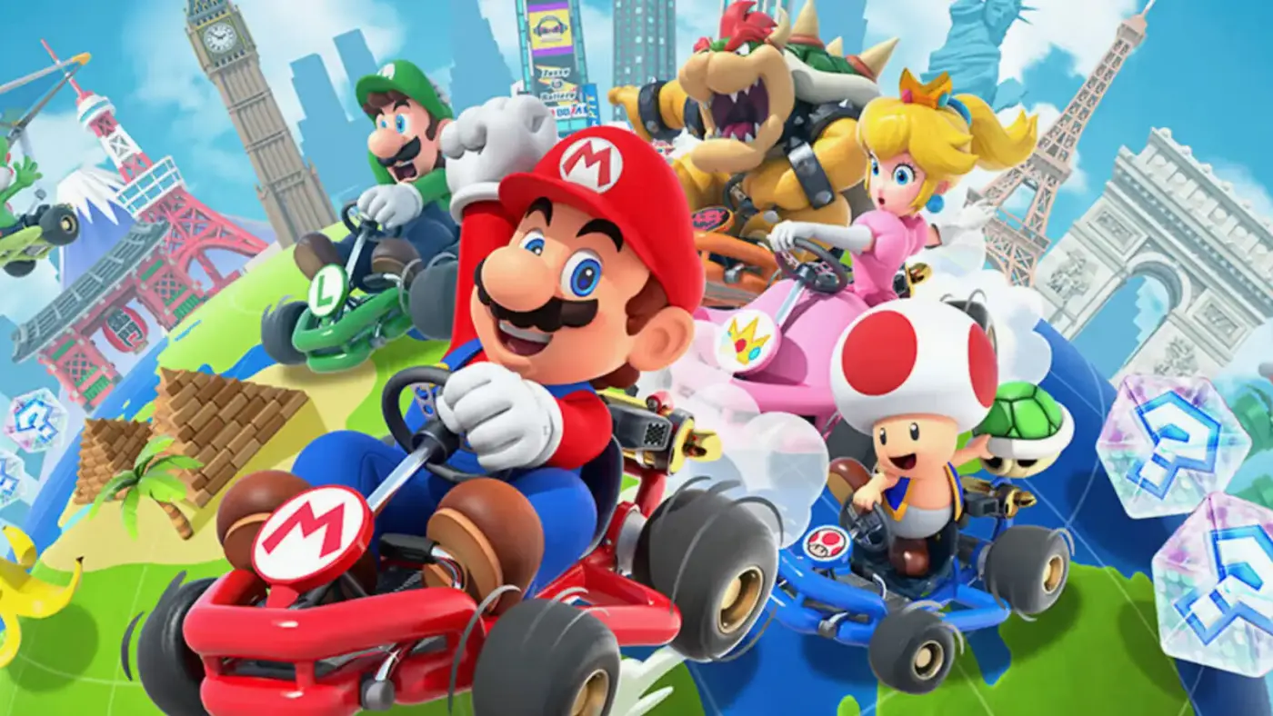 Mario, Luigi, Bowser, Peach y Toad compitiendo en karts en Mario Kart Tour, el juego para Android e iOS que Nintendo va a discontinuar