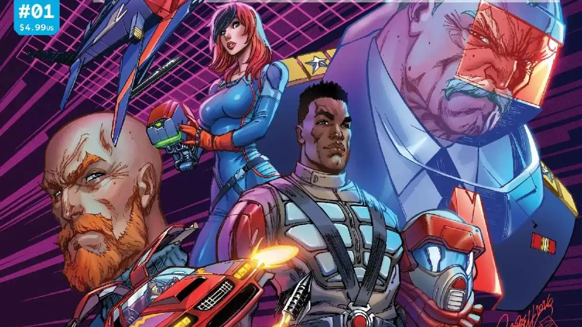 Tapa del cómic M.A.S.K. #1 de Skybound e Image Comics con Matt Trakker, su equipo y los vehículos de la serie