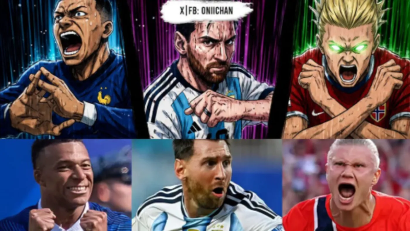 Comparación entre las versiones reales y animé generadas por IA de Mbappé, Messi y Haaland