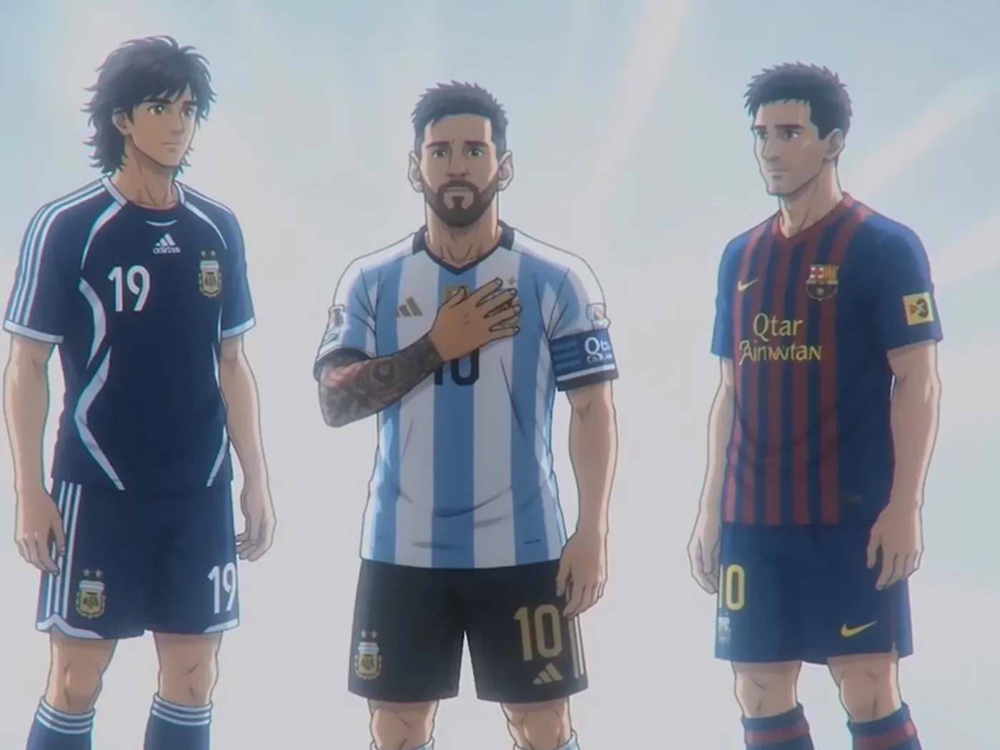 Lionel Messi recreado en estilo animé por inteligencia artificial, con las camisetas de Barcelona y la Selección Argentina