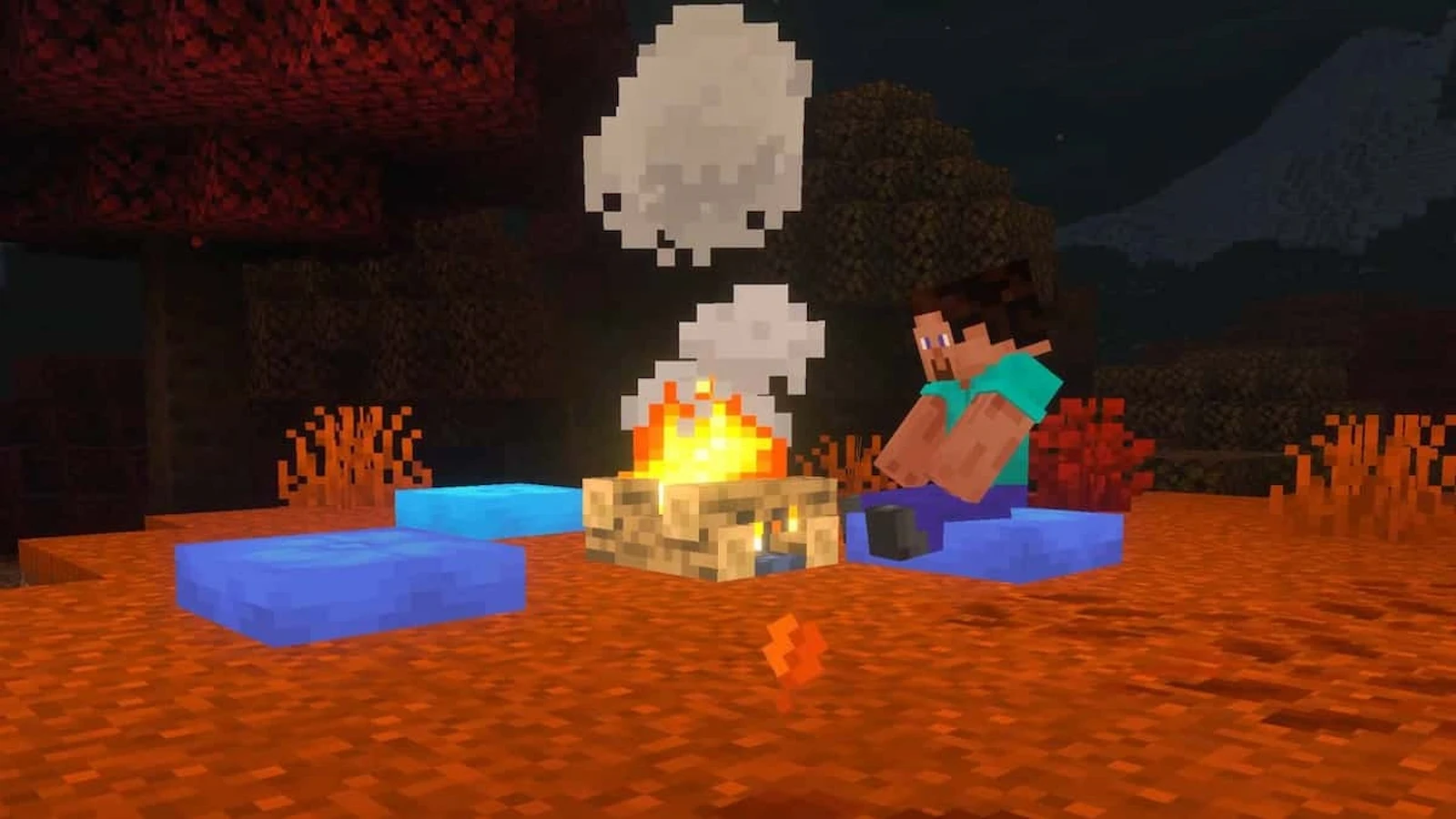 Steve, el personaje de Minecraft, sentado sobre un almohadón junto a una fogata
